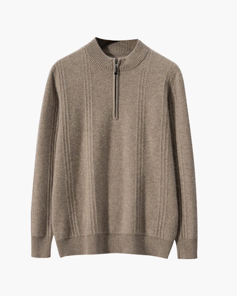 Close-up of material and construction details on men's Cashmere Ribbed Half-zip Sweater — Ardovena Cádiz