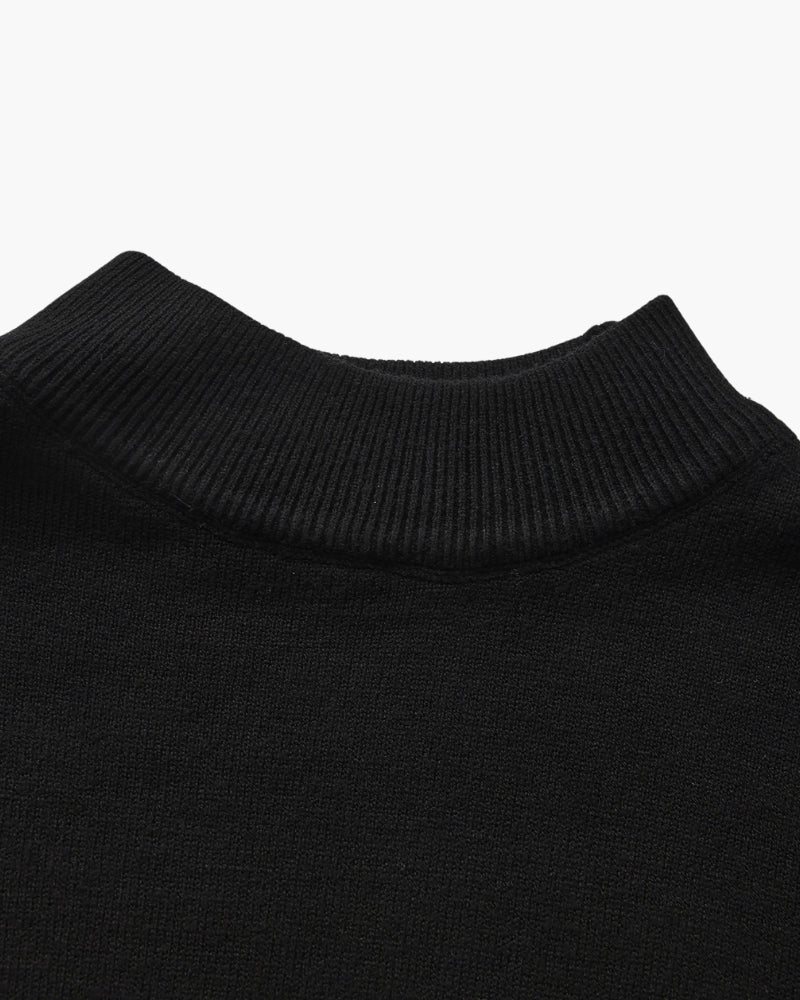 Close-up of material and construction details on men's Ribbed Mock-Neck Sweater — Ardovena Menorca