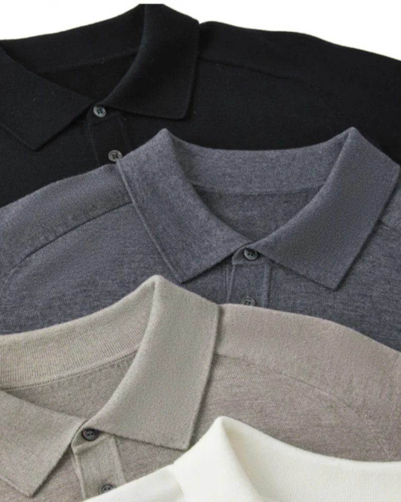 Close-up of material and construction details on men's Wool Polo — Ardovena Positano