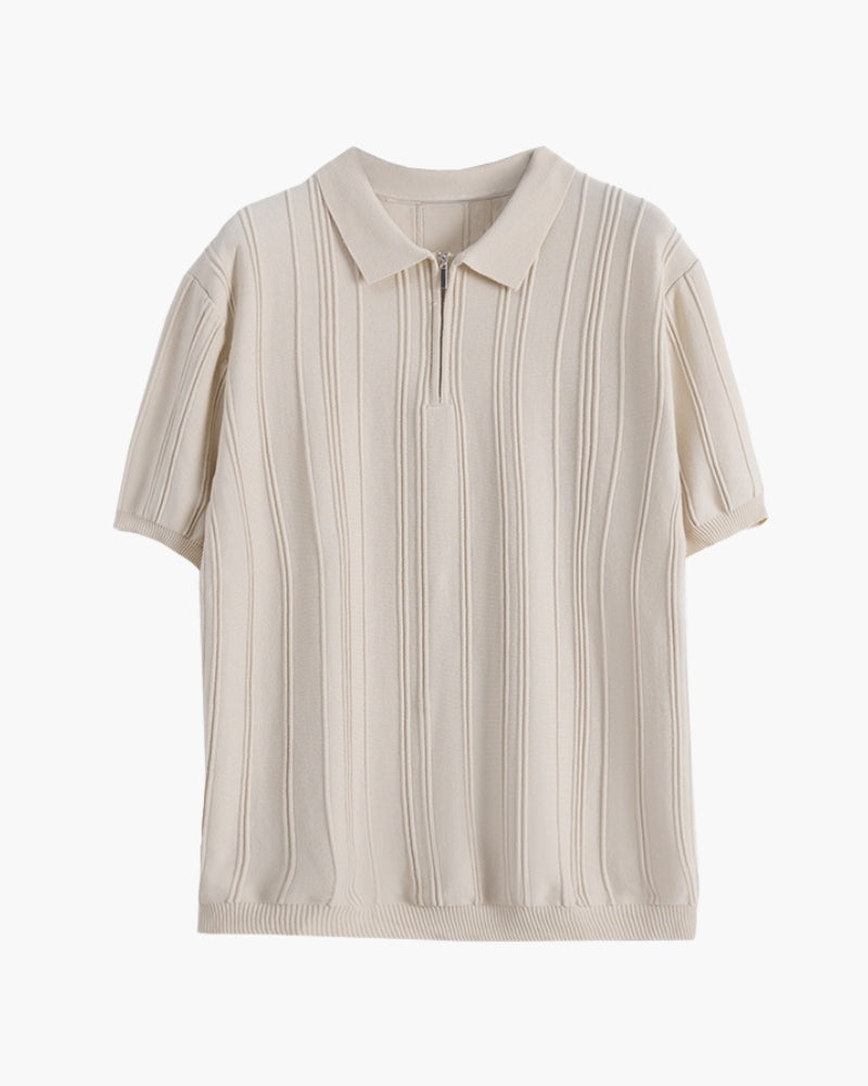 Close-up of material and construction details on men's Zip Knit Polo — Ardovena Positano