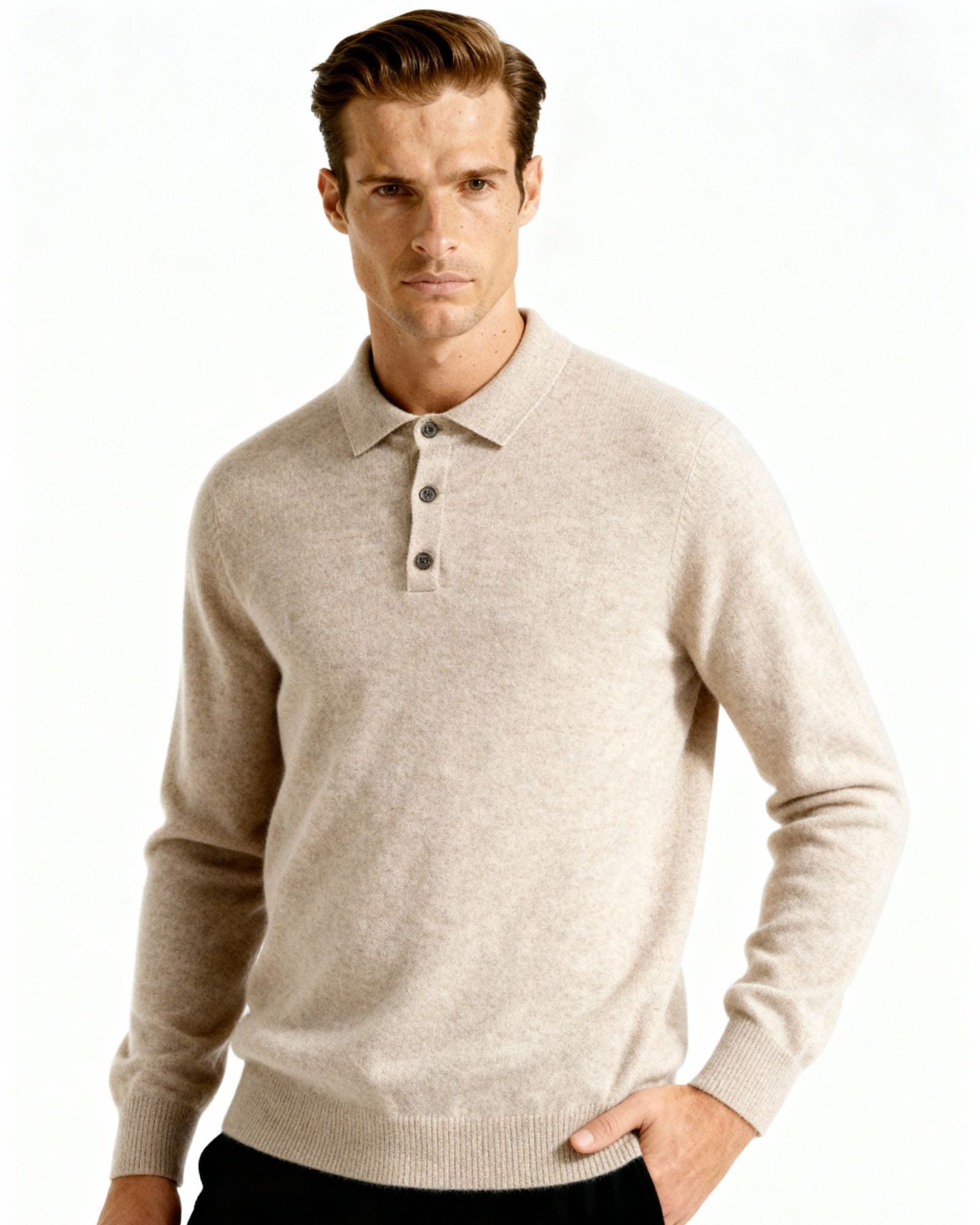 Close-up of material and construction details on men's Cashmere Polo — Ardovena Ravenna