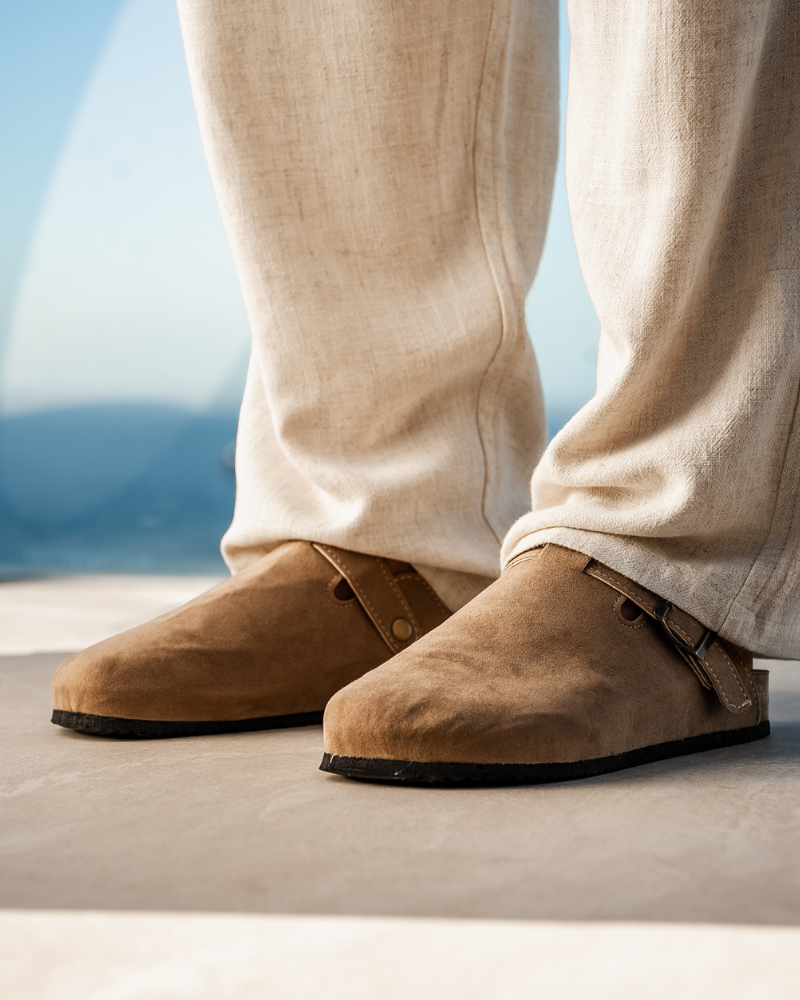 Close-up of material and construction details on men's Suede Clogs — Ardovena Split