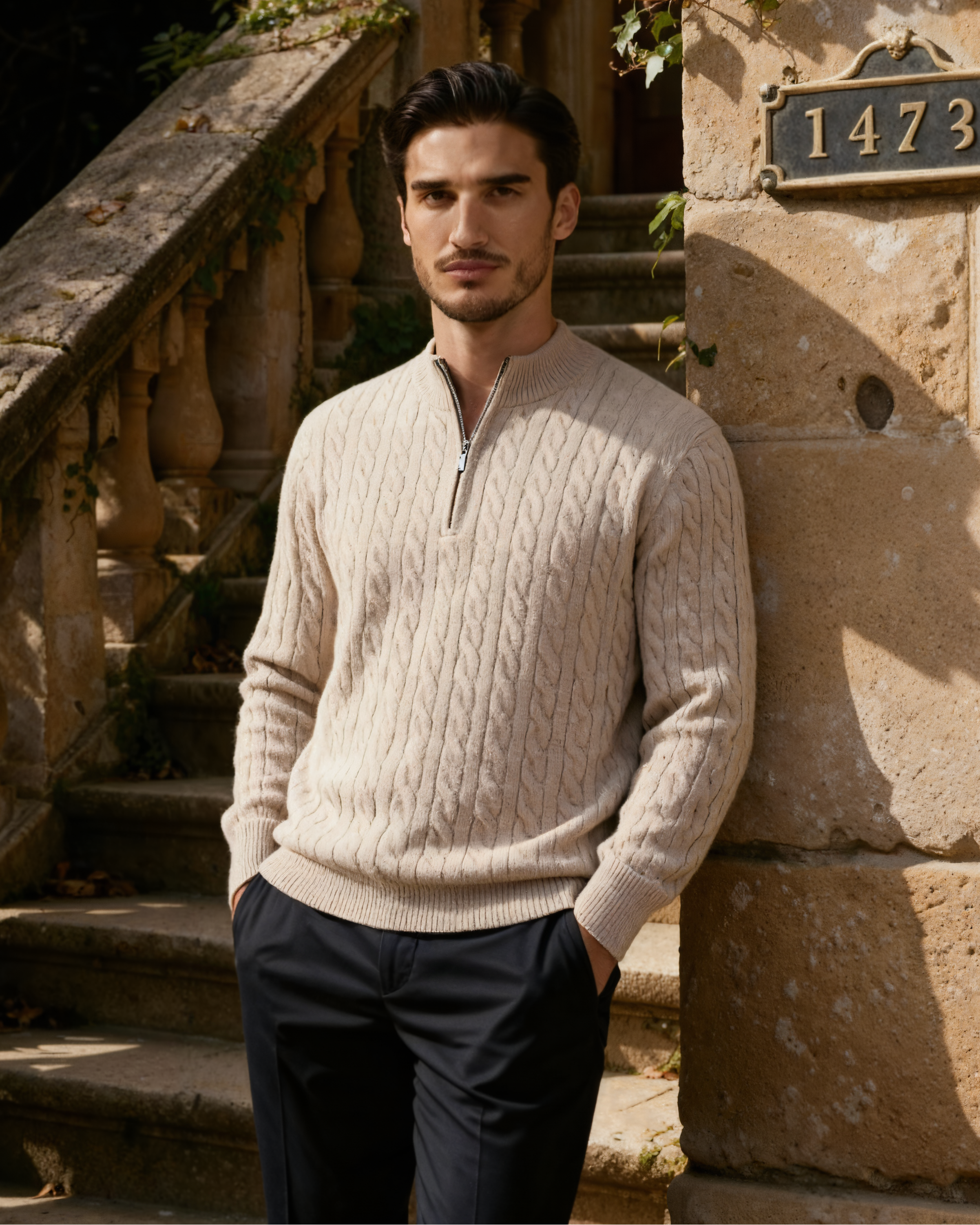 Additional view 05 of Men's Knit Cashmere Woven Half-zip Sweater in Beige — Ardovena Tavira