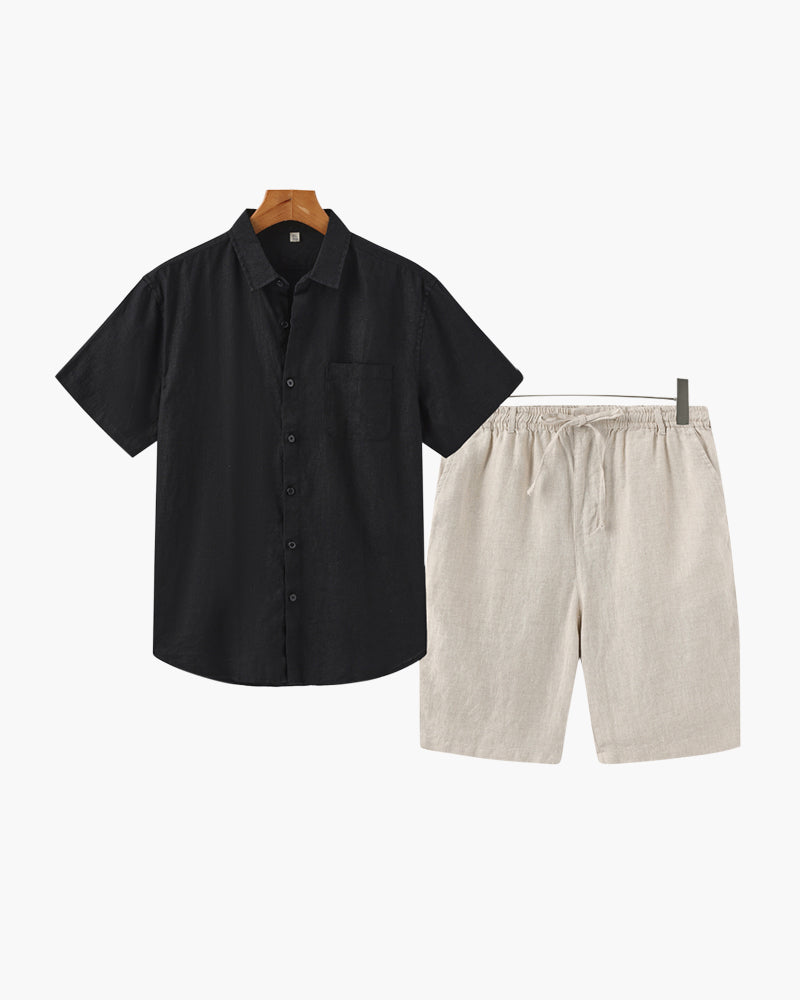 Nahaufnahme von Material- und Verarbeitungsdetails des Herren-Leinen-Set — Ardovena Amalfi