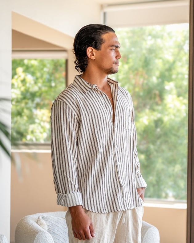 Close-up of material and construction details on men's Striped Shirt — Ardovena Amalfi