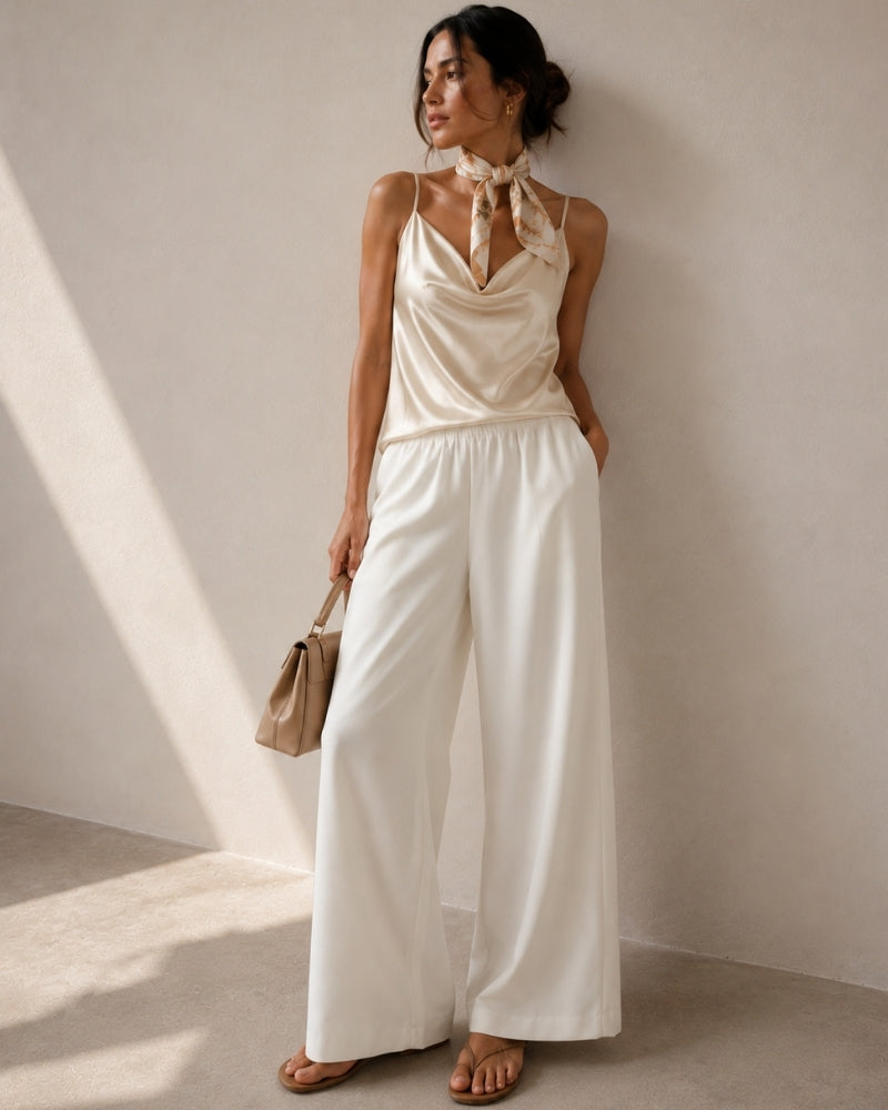 Close-up of material and construction details on women's Wide-Leg Trousers — Ardovena Amalfi