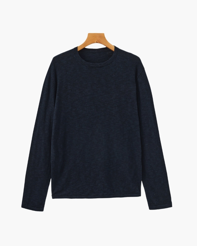 Close-up of material and construction details on men's Linen Cotton Crewneck — Ardovena Bari