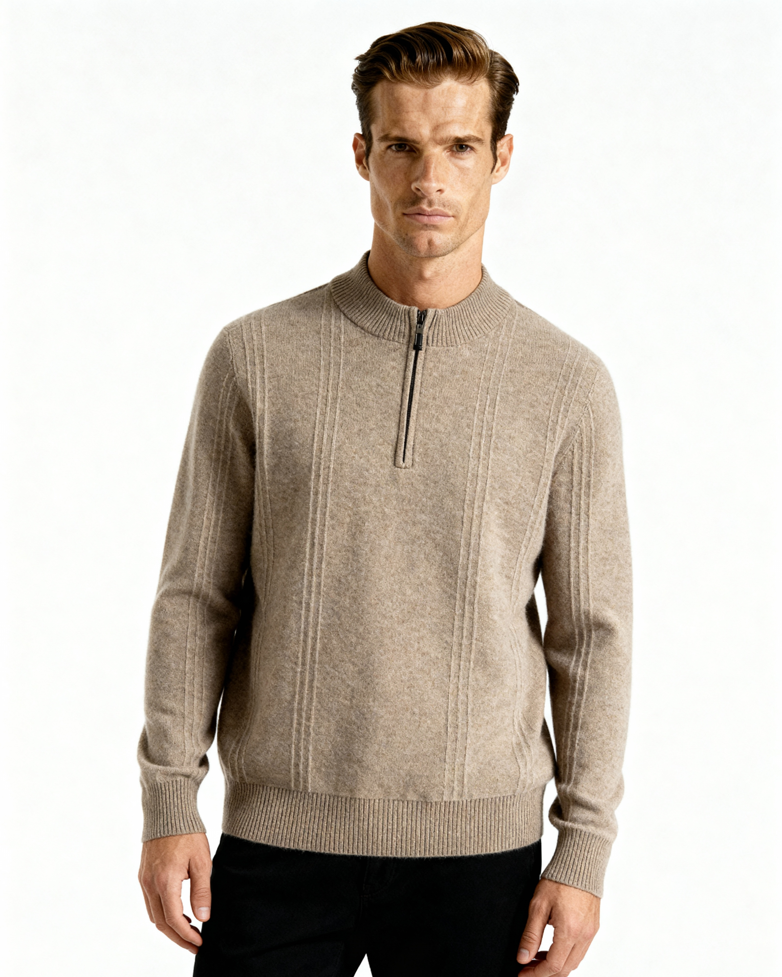 Back view of Men's Knit Cashmere Ribbed Half-zip Sweater in an available colour — Ardovena Cádiz