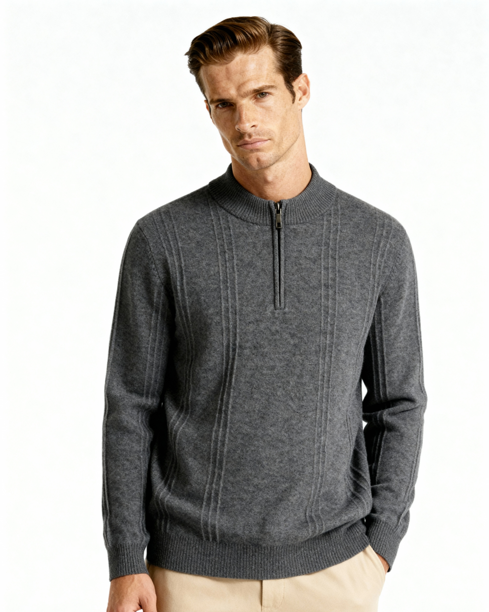 Additional view 20 of Men's Knit Cashmere Ribbed Half-zip Sweater in an available colour — Ardovena Cádiz