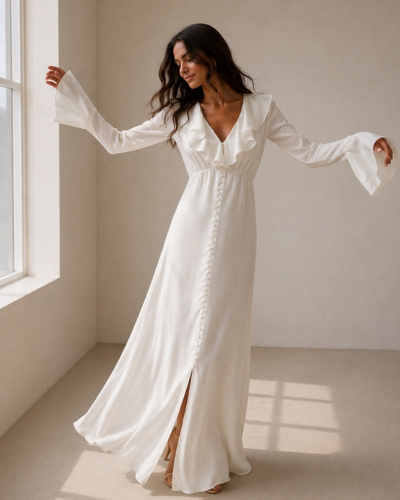 Women's Satin Satin Button Ruffle Midi Dress in the colour shown — Ardovena Cascais, main product view