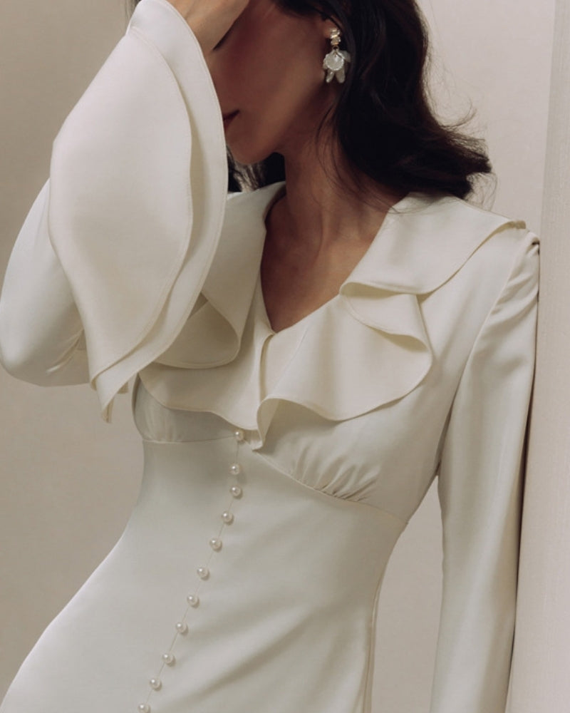 Back view of Women's Satin Satin Button Ruffle Midi Dress in the colour shown — Ardovena Cascais