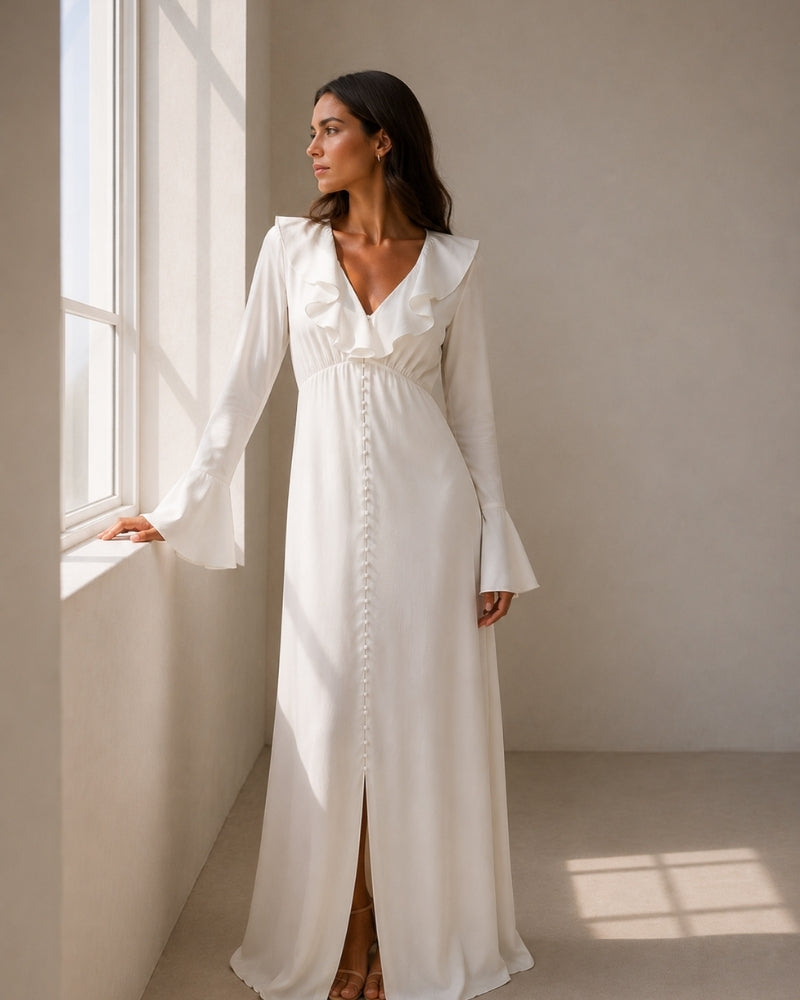 Close-up of material and construction details on women's Satin Button Ruffle Midi Dress — Ardovena Cascais