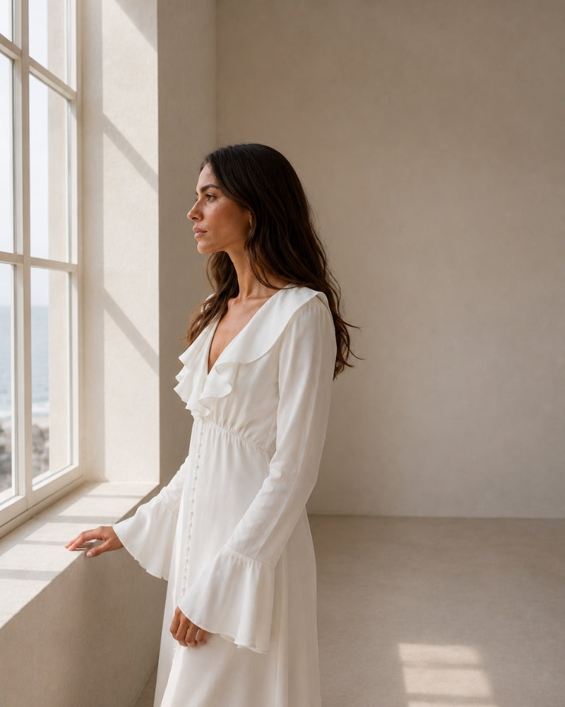 Additional view 04 of Women's Satin Satin Button Ruffle Midi Dress in the colour shown — Ardovena Cascais