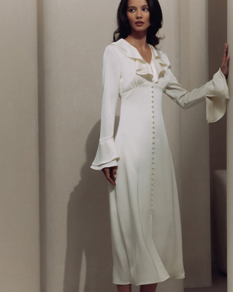 Additional view 06 of Women's Satin Satin Button Ruffle Midi Dress in the colour shown — Ardovena Cascais
