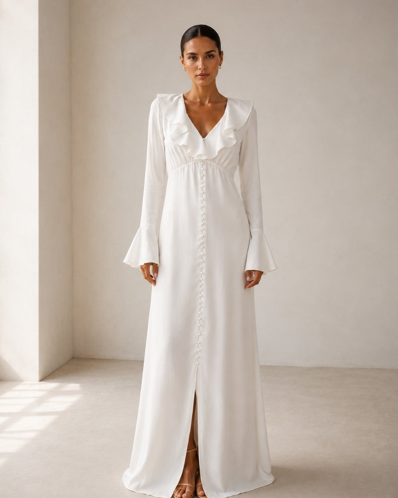 Additional view 07 of Women's Satin Satin Button Ruffle Midi Dress in the colour shown — Ardovena Cascais