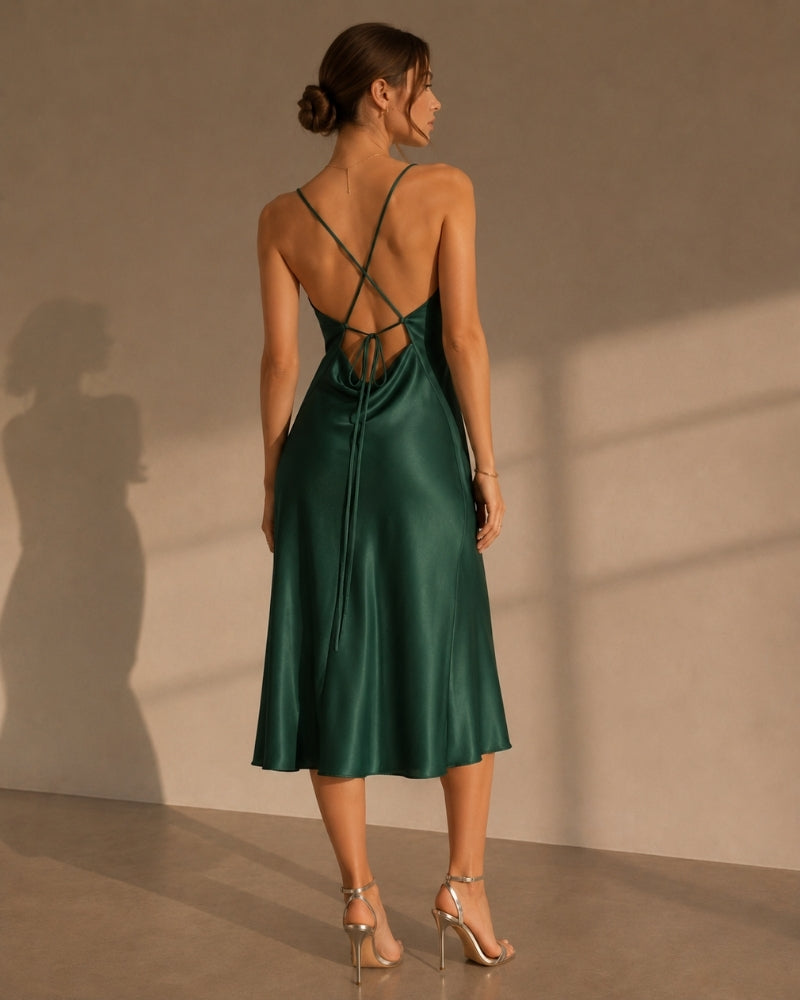 Back view of Women's Satin Satin Slip Dress in an available colour — Ardovena Cascais