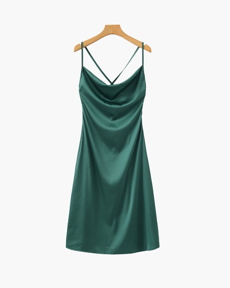 Close-up of material and construction details on women's Satin Slip Dress — Ardovena Cascais