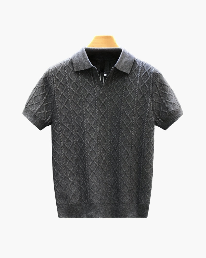 Close-up of material and construction details on men's Textured Knit Polo — Ardovena Cascais