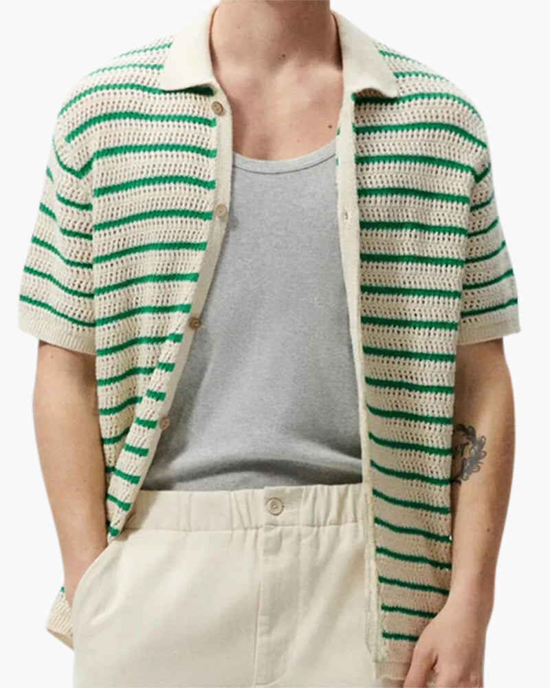 Close-up of material and construction details on men's Knitted Button Shirt — Ardovena Faro