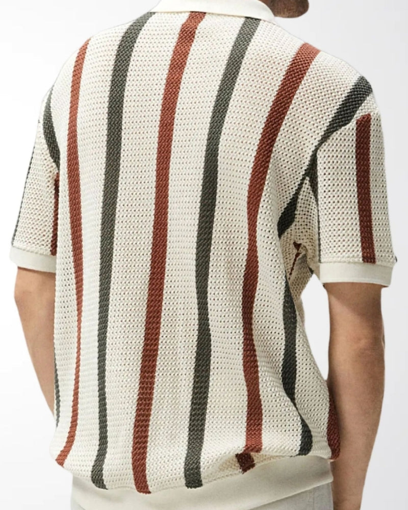 Close-up of material and construction details on men's Striped Knit Polo — Ardovena Faro