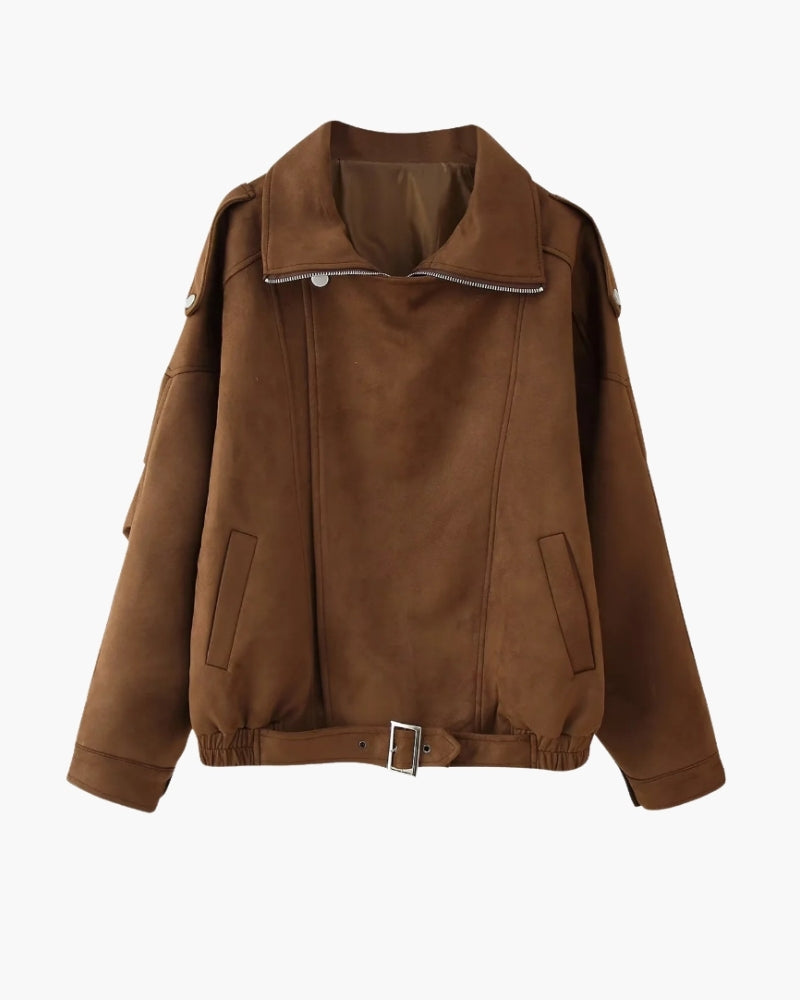 Close-up of material and construction details on women's Suede Drape Jacket — Ardovena Faro