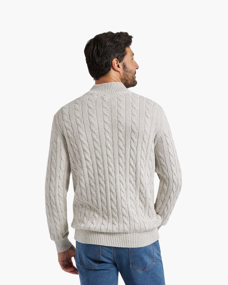 Close-up of material and construction details on men's Half-zip Sweater — Ardovena Girona