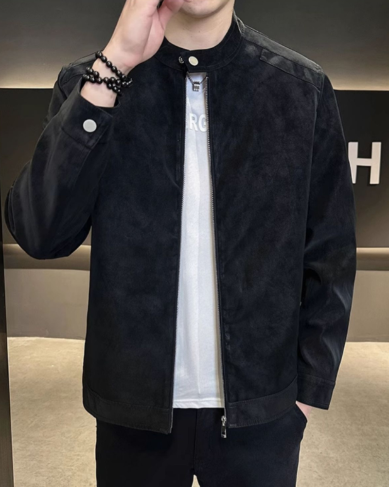 Close-up of material and construction details on men's Suede Leather Jacket — Ardovena Girona
