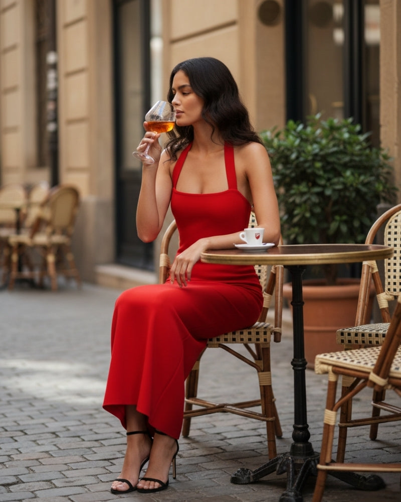 Close-up of material and construction details on women's Halter-Neck Maxi Dress — Ardovena Lucca