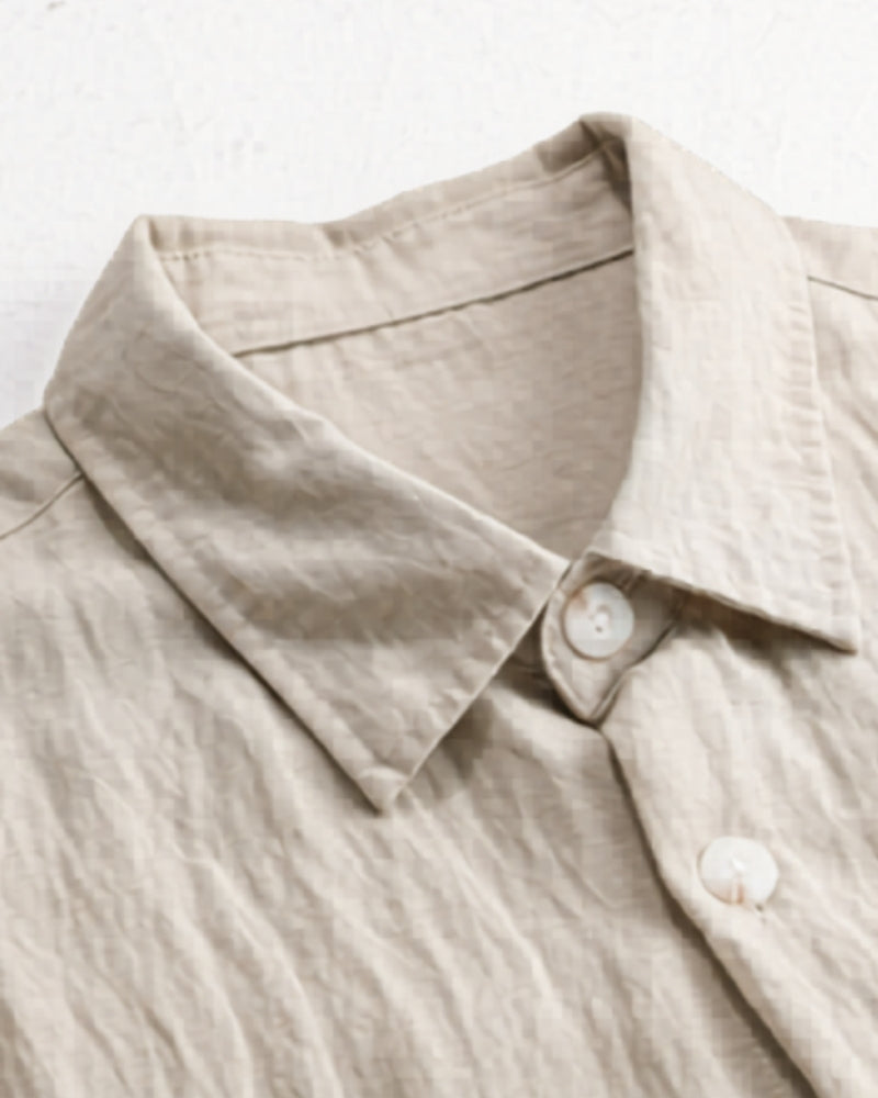 Close-up of material and construction details on men's Linen-Blend Overshirt — Ardovena Lucca