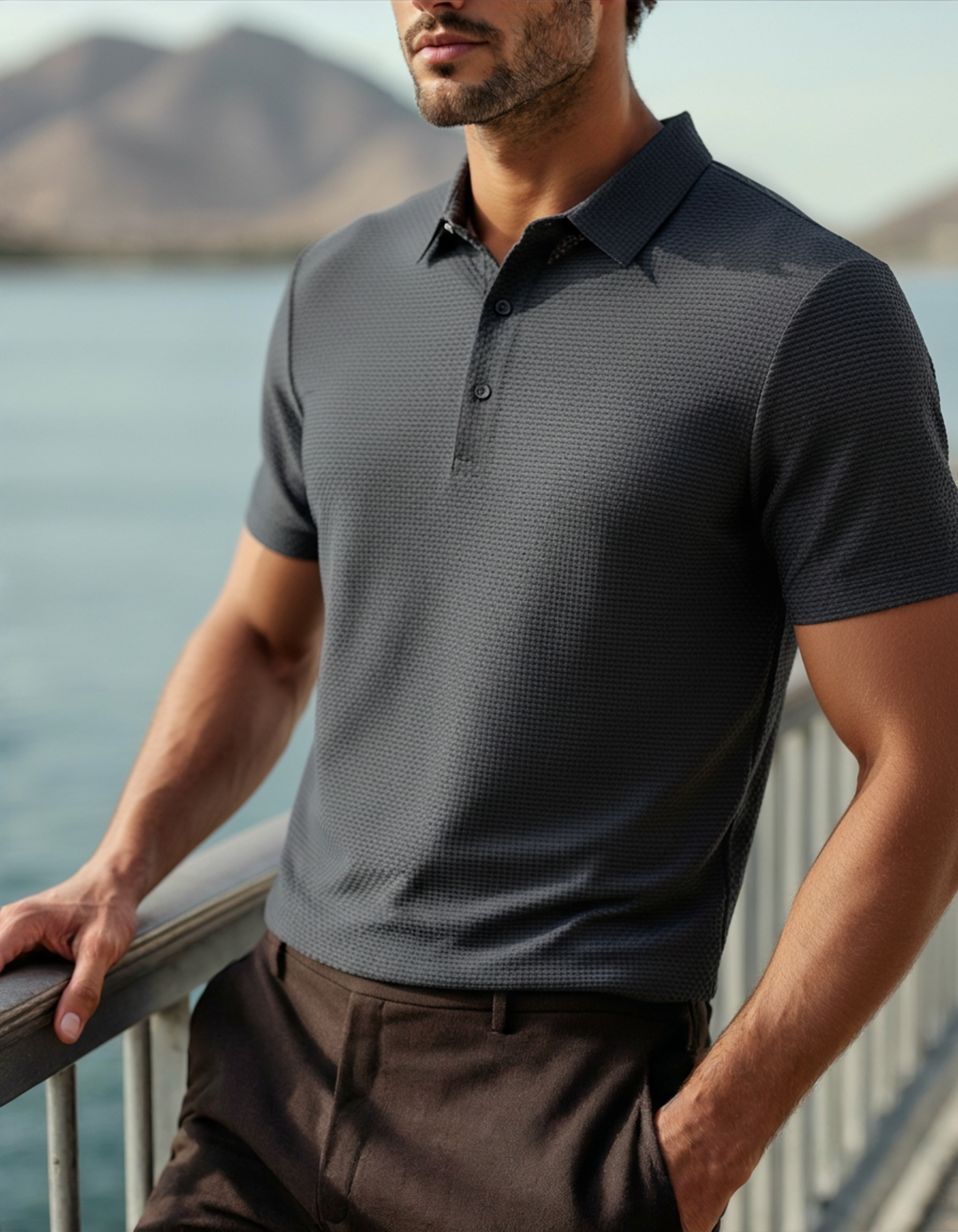 Close-up of material and construction details on men's Silk Polo Anti-wrinkle — Ardovena Lucca