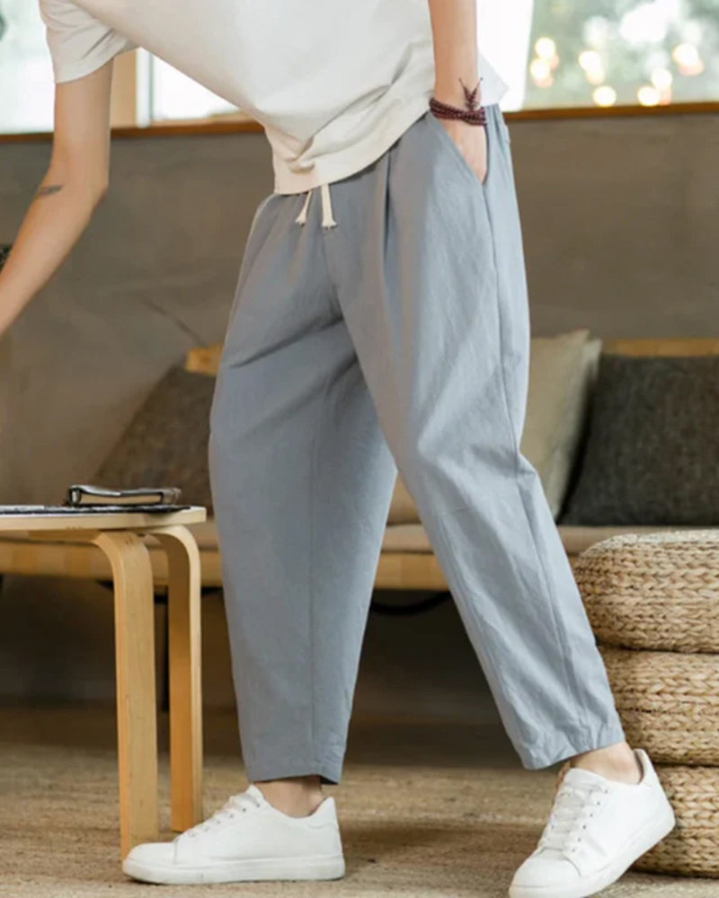 Close-up of material and construction details on men's Cotton Trousers — Ardovena Menorca