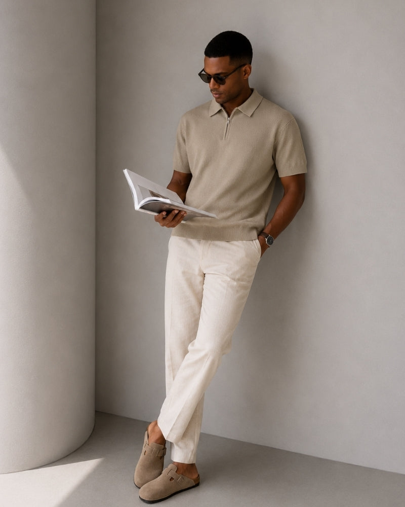 Close-up of material and construction details on men's Cotton Zip-up Polo — Ardovena Otranto