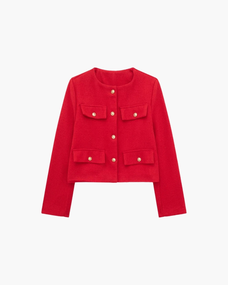 Close-up of material and construction details on women's Crop Blazer Jacket — Ardovena Otranto