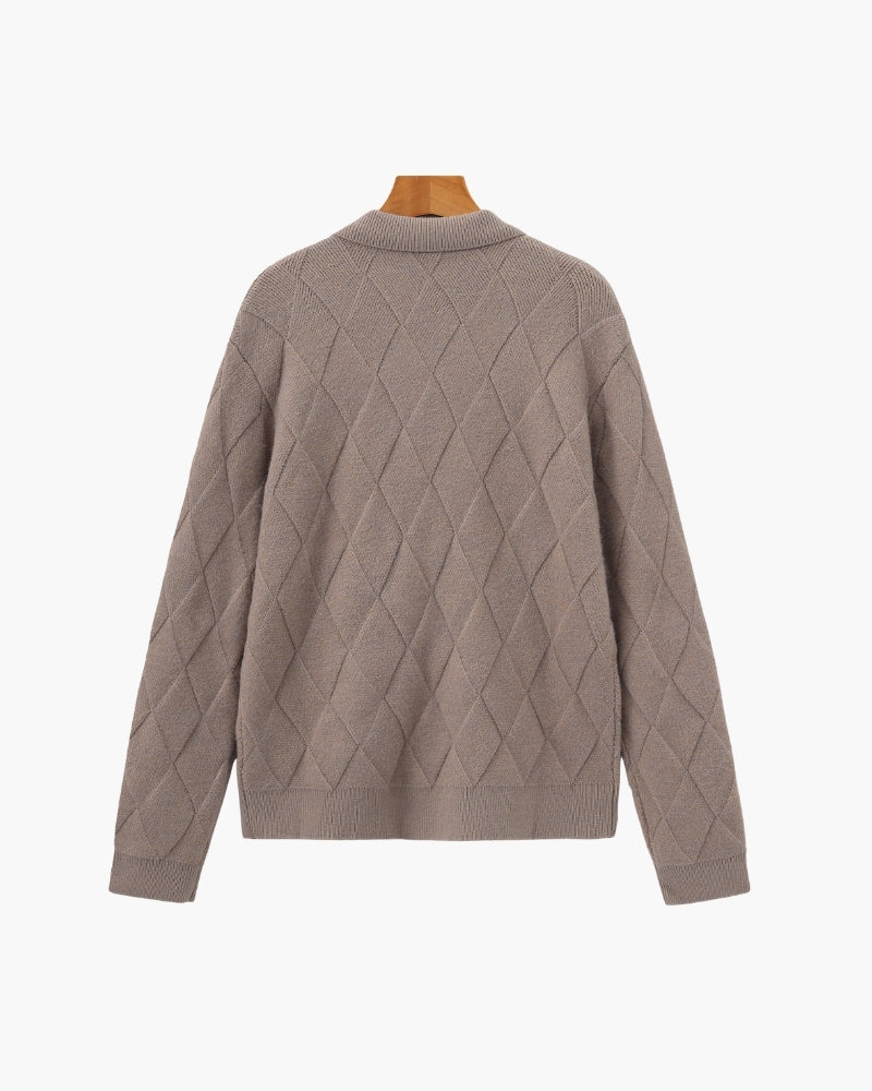 Close-up of material and construction details on men's Diamond Knit Cardigan — Ardovena Positano