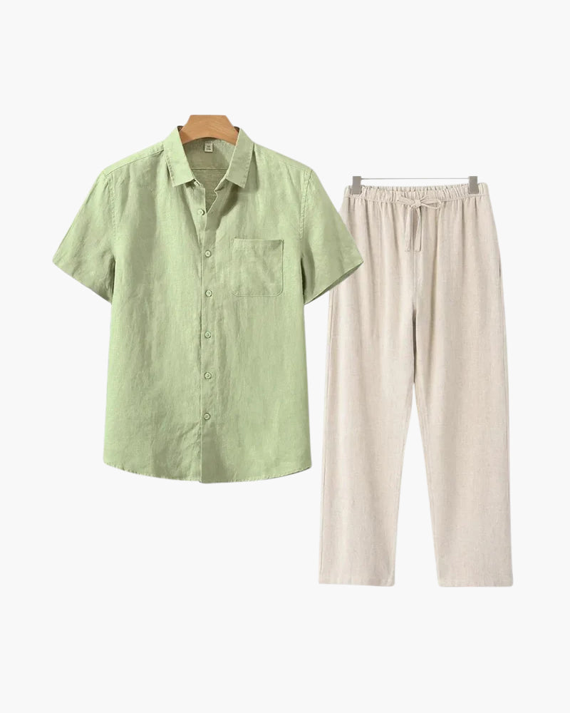 Close-up of material and construction details on men's Linen Set — Ardovena Positano