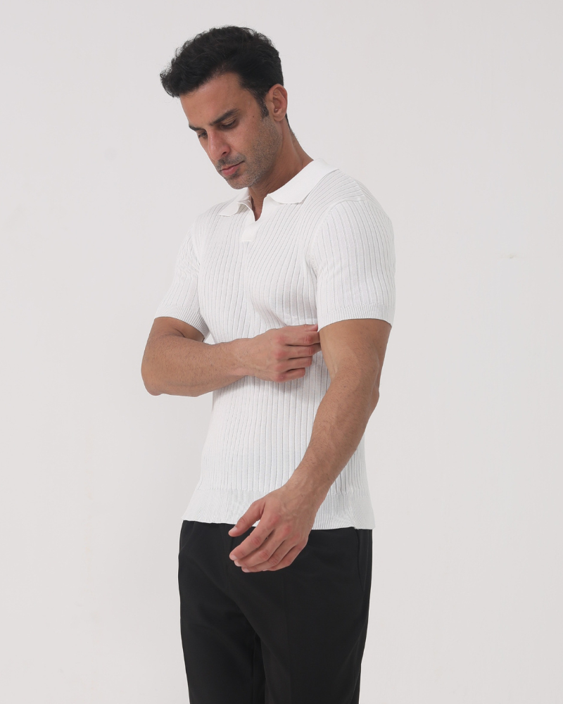Back view of Men's Cotton Ribbed Cotton Polo in an available colour — Ardovena Positano