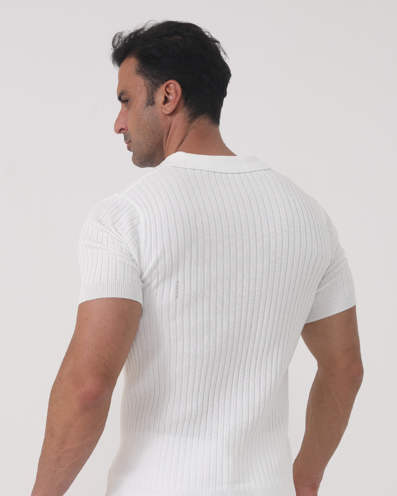 Close-up of material and construction details on men's Ribbed Cotton Polo — Ardovena Positano
