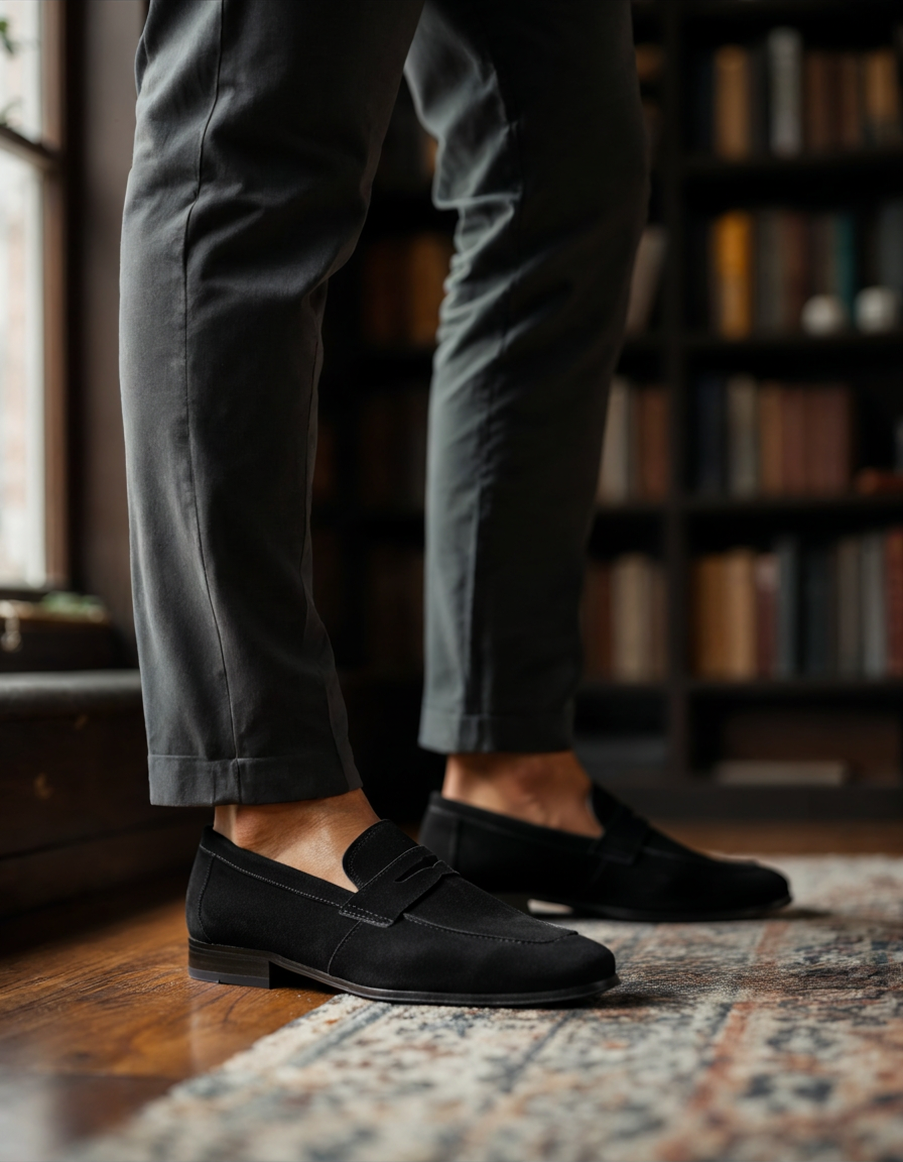 Close-up of material and construction details on men's Suede Penny Loafers — Ardovena Positano