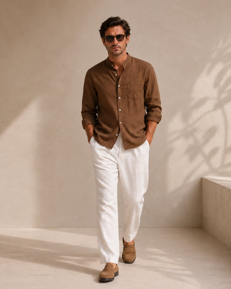 Close-up of material and construction details on men's Cotton Mandarin Shirt — Ardovena Ravenna
