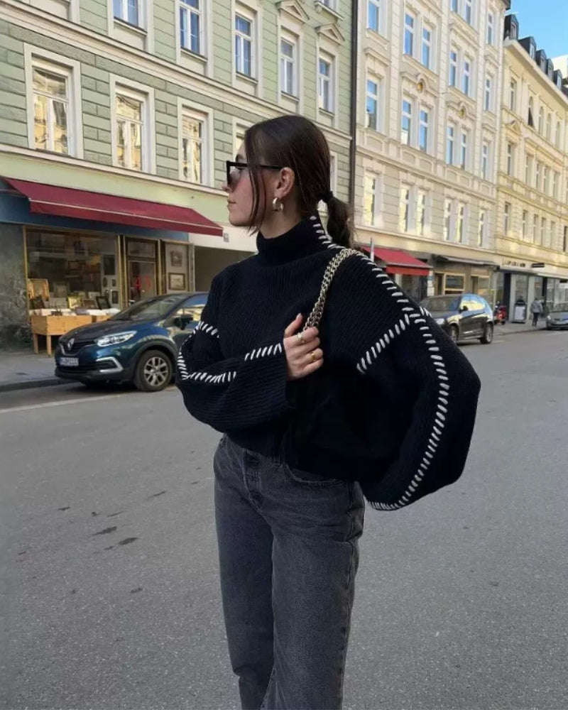 Back view of Women's Knit Stitch Sweater in Black — Ardovena Ravenna