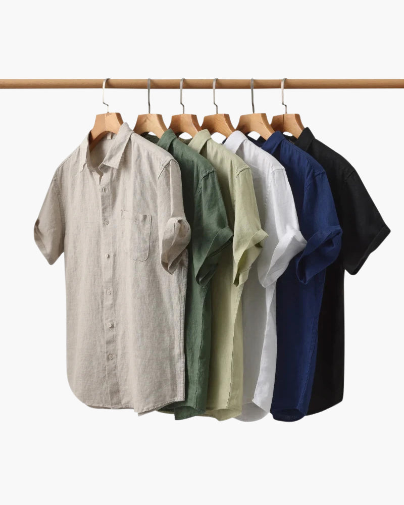 Close-up of material and construction details on men's Linen Shirt Short-sleeve — Ardovena Sintra