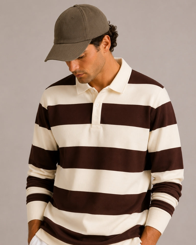 Close-up of material and construction details on men's Striped Rugby Polo — Ardovena Sintra
