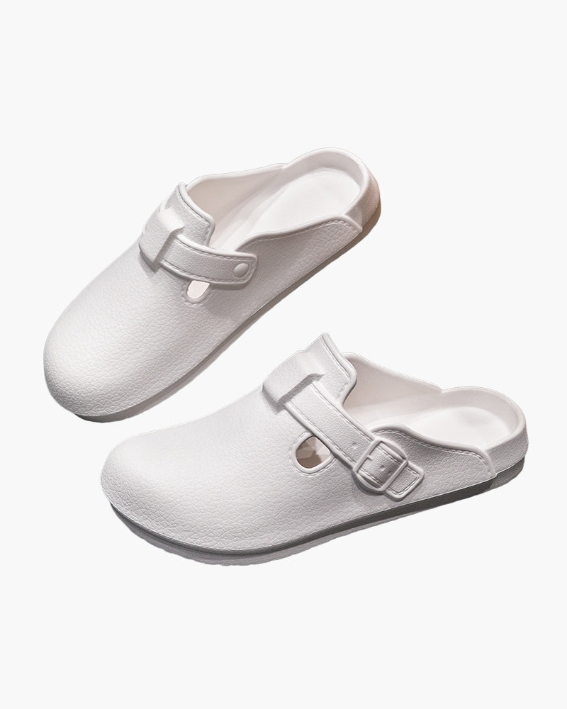 Close-up of material and construction details on men's Buckle Clogs — Ardovena Split