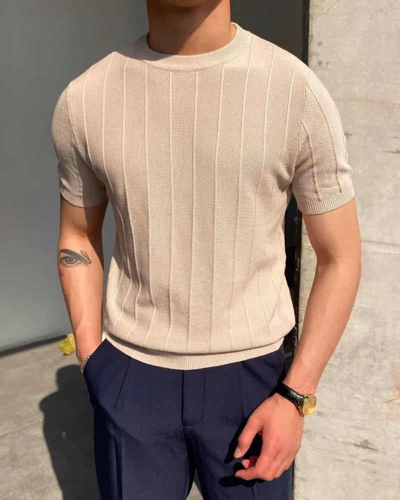 Back view of Men's Linen Linen Ribbed T-shirt in an available colour — Ardovena Split