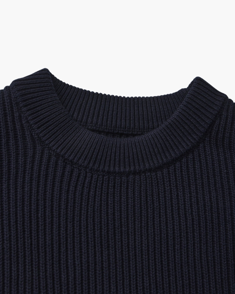 Close-up of material and construction details on men's Rib-Knit Crewneck — Ardovena Split