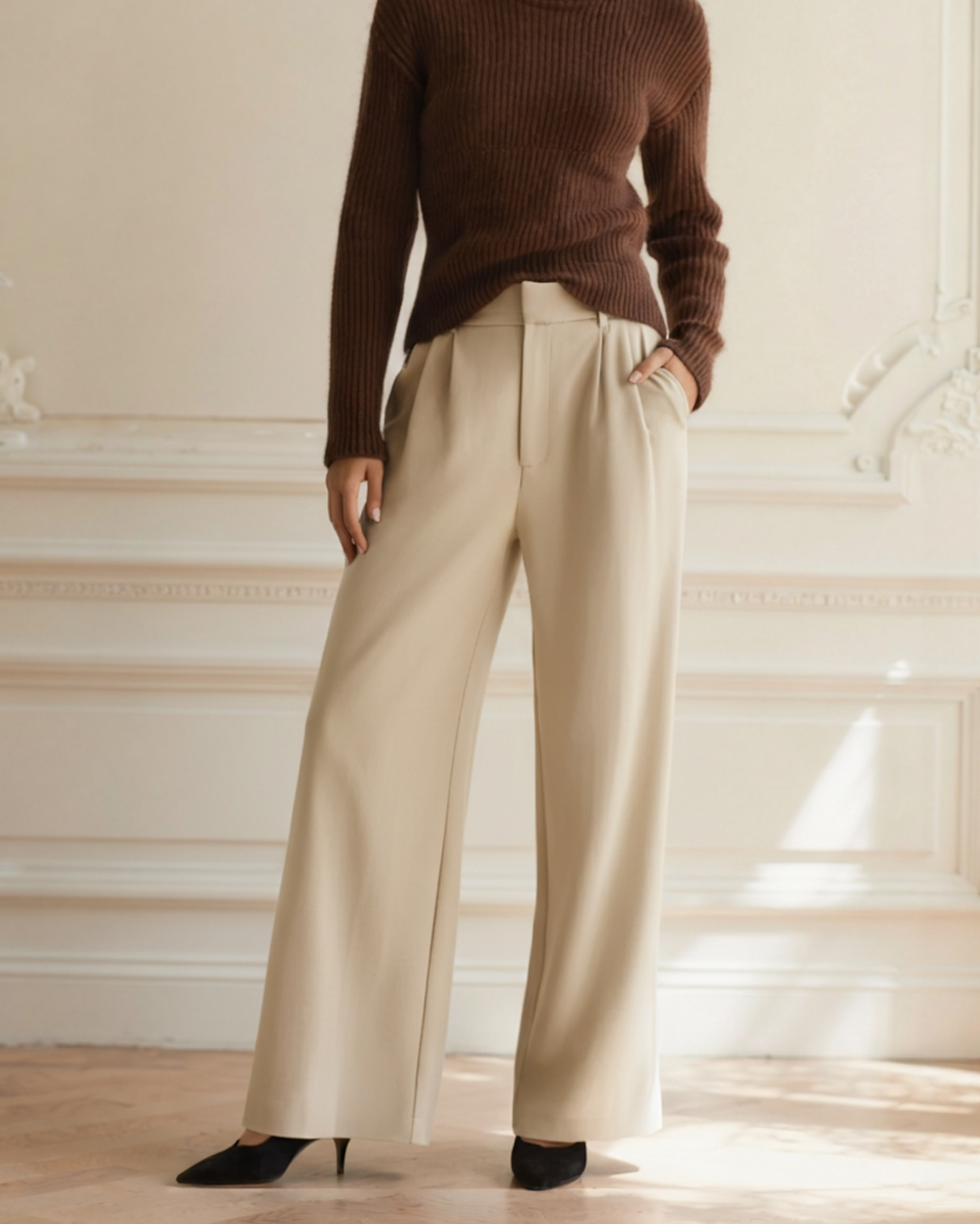 Women's Wide-leg Trousers in Beige — Ardovena Split, main product view