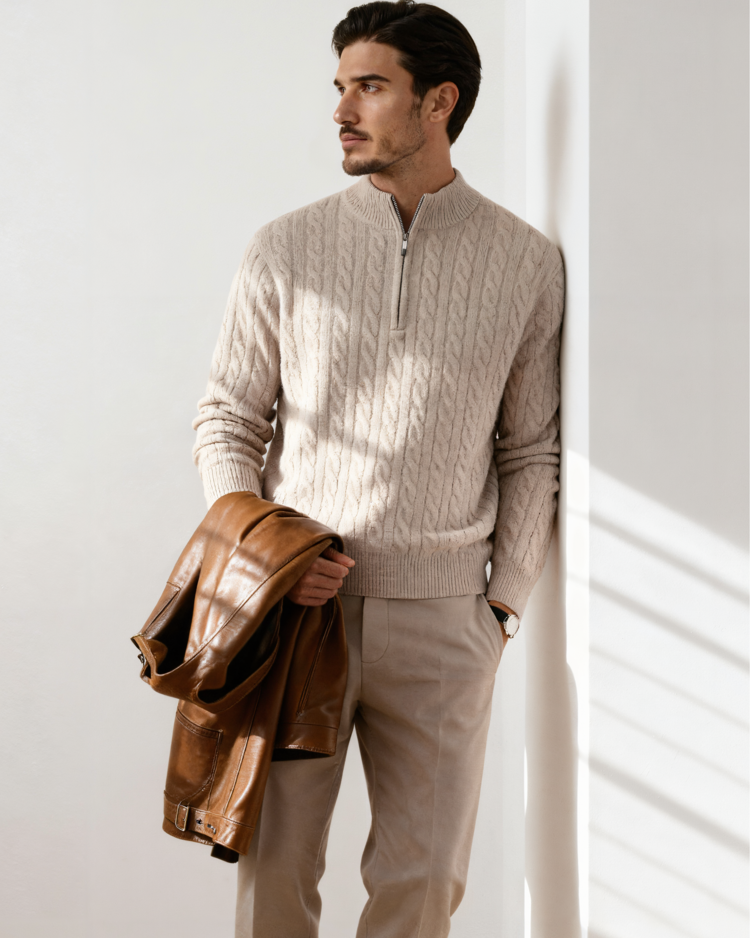 Men's Knit Cashmere Woven Half-zip Sweater in Beige — Ardovena Tavira, main product view