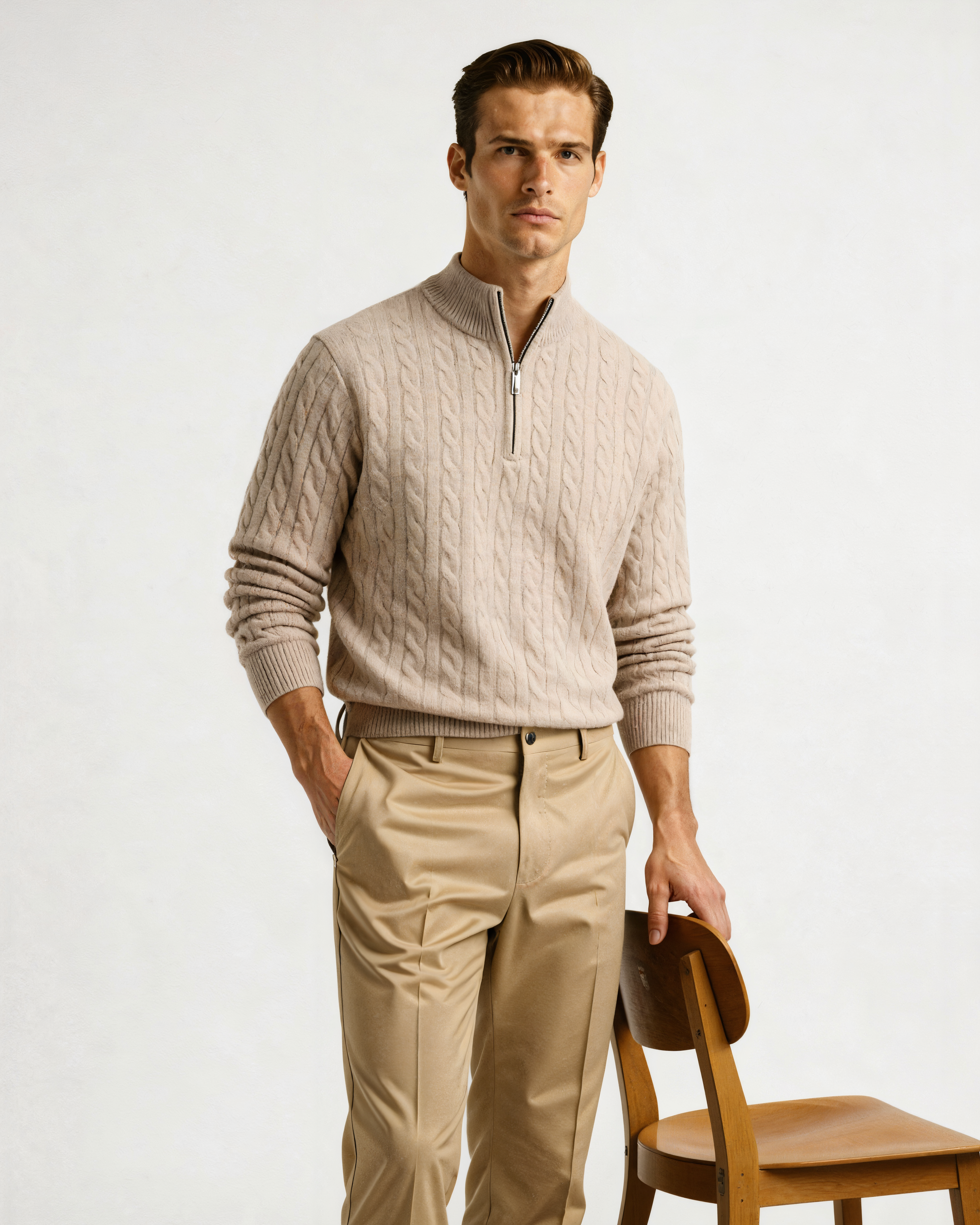 Close-up of material and construction details on men's Cashmere Woven Half-zip Sweater — Ardovena Tavira
