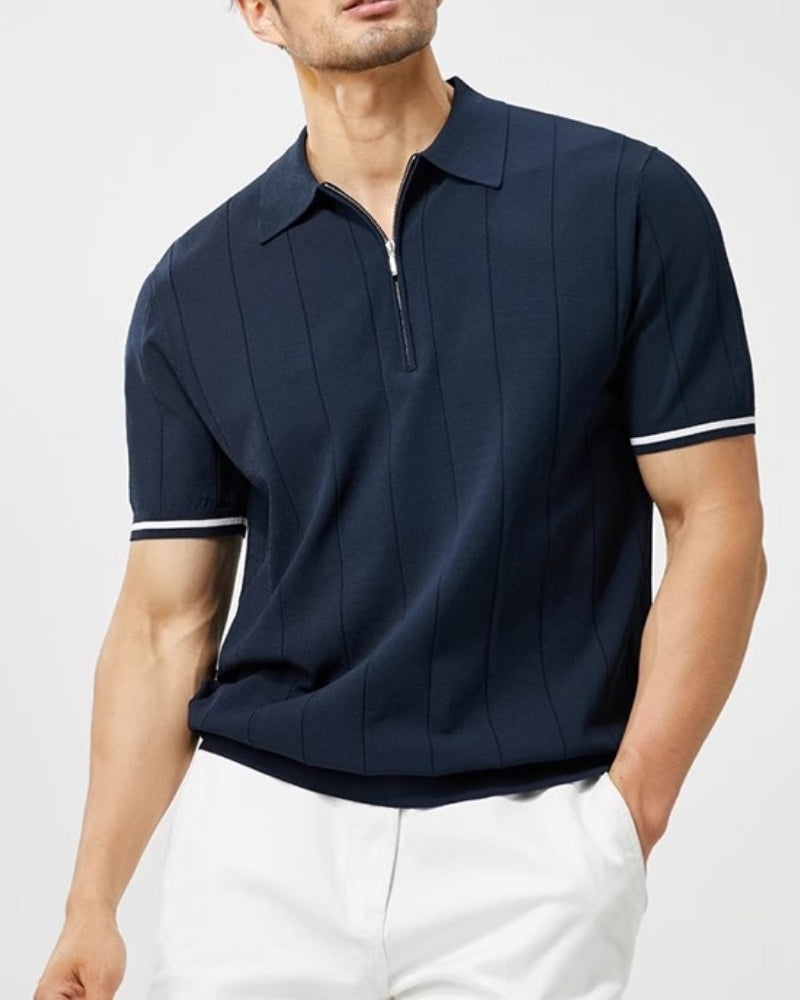 Close-up of material and construction details on men's Contrast-Trim Polo — Ardovena Tavira