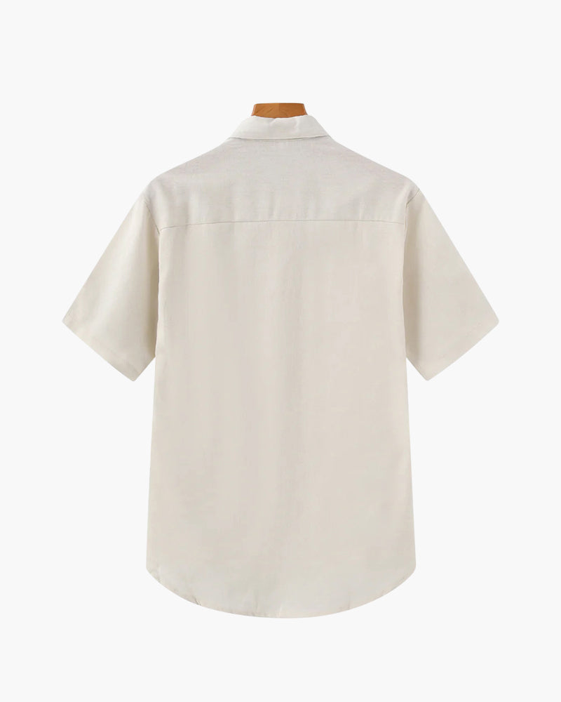 Close-up of material and construction details on men's Linen Polo — Ardovena Tavira